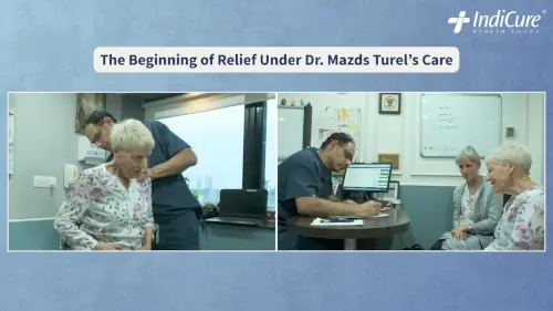 A two-part image showing Dr. Mazda Turel performing a physical examination and a consultation with Pamela Scaddan and her daughter.